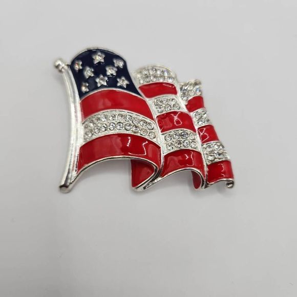 Waving American Flag Red Enamel Clear Rhinestones Silver Brooch Pin - Picture 2 of 6